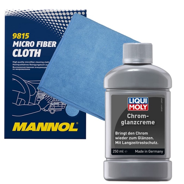 Set Liqui Moly Solutie Lustruit Elemente Crom 250ML 1529 + Mannol Laveta Microfibra 9815